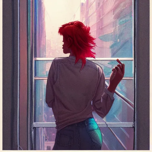 Prompt: a beautiful artwork of a woman with red hair in jeans and a white shirt smoking on the balcony of a hotel at night, top view, neon and rainy theme atmosphere by Jerome Opeña, featured on artstation