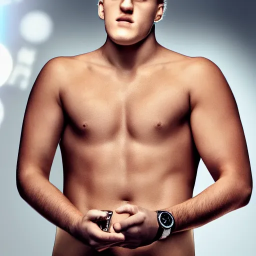 Image similar to a realistic detailed photo of boxer & youtuber jake paul, hypnotized by a watch, blank stare, shiny skin