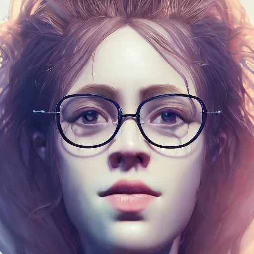 Prompt: dramatic portrait of a beautiful ginger woman with glasses, realism, 4k, illustration, iris, dynamic lighting, detailed textures, octane render, artstation