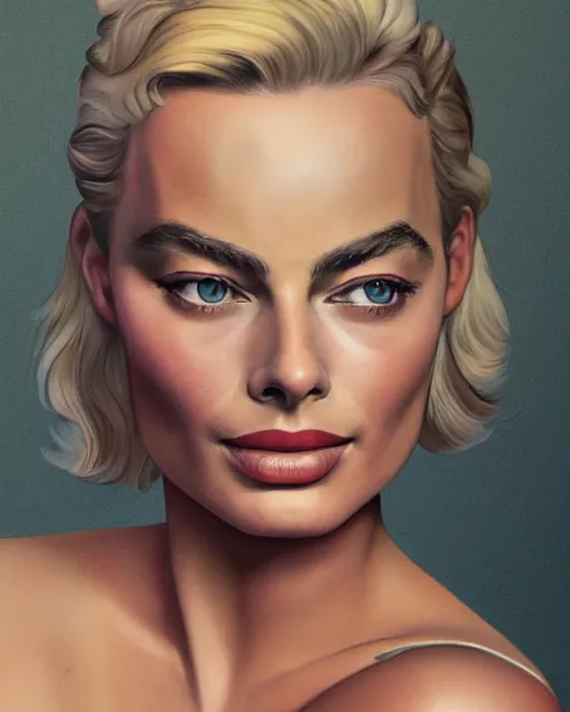 Image similar to Beautiful Head and shoulders portrait of margot robbie wearing a camisole by alberto Vargas, arney freytag, artstation, fashion photoshoot, urban jungle, fashion pose, octane, 4k