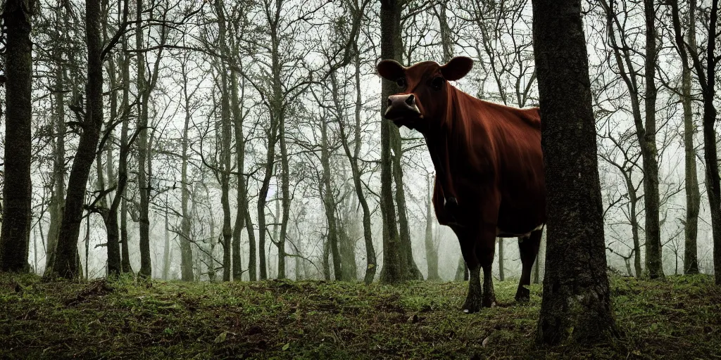 Image similar to photo of a cow standing on 2 legs hiding behind a tree in a dark gloomy forest