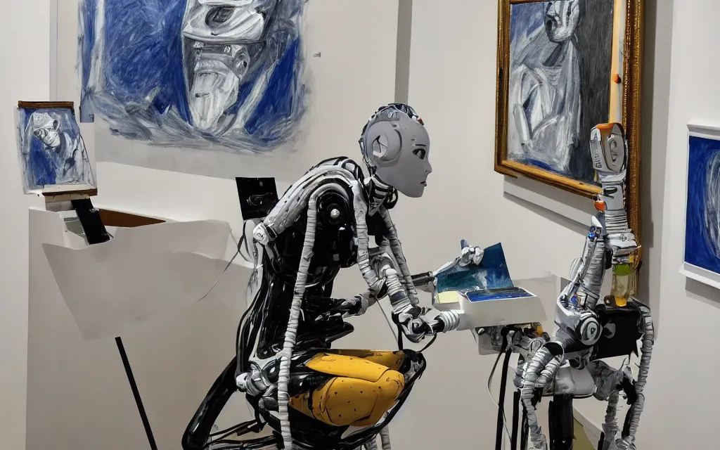 Prompt: A photo of robot drawing a painting for the first time, in a modern art gallery