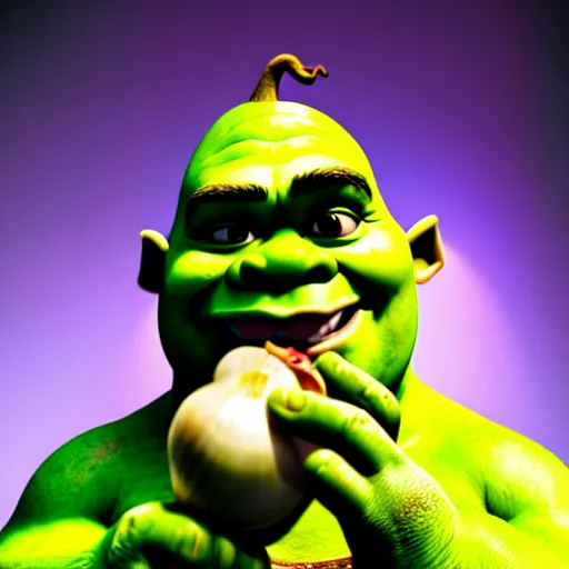 Image similar to a stock photo of shrek eating an onion, 8 k, ultra - realistic, white background, face cluse - up, studio lighting, low exposure