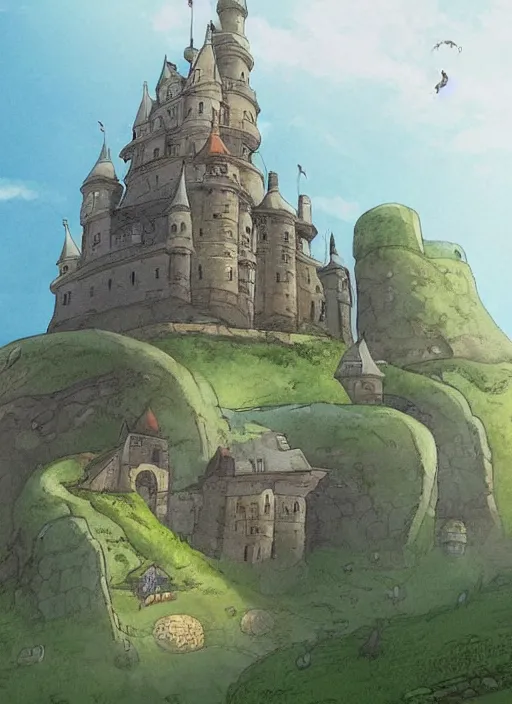 Image similar to cartoon illustration of a castle on top of a hill, concept art by hayao miyazaki, featured on pixiv, fantasy art, concept art, official art, anime aesthetic