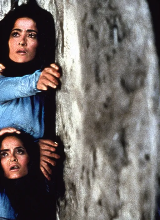 Image similar to film still of Salma Hayek being held against a wall by a predator in the movie Alien.