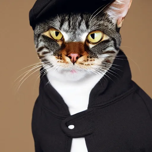 Image similar to a gentleman cat wearing a black jacket and a cap