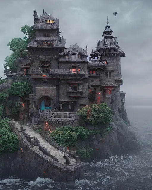 Image similar to a castle on an island. Dark stormy sea. intricate artwork by Tooth Wu and wlop and beeple. octane render, hyper realism, 8k