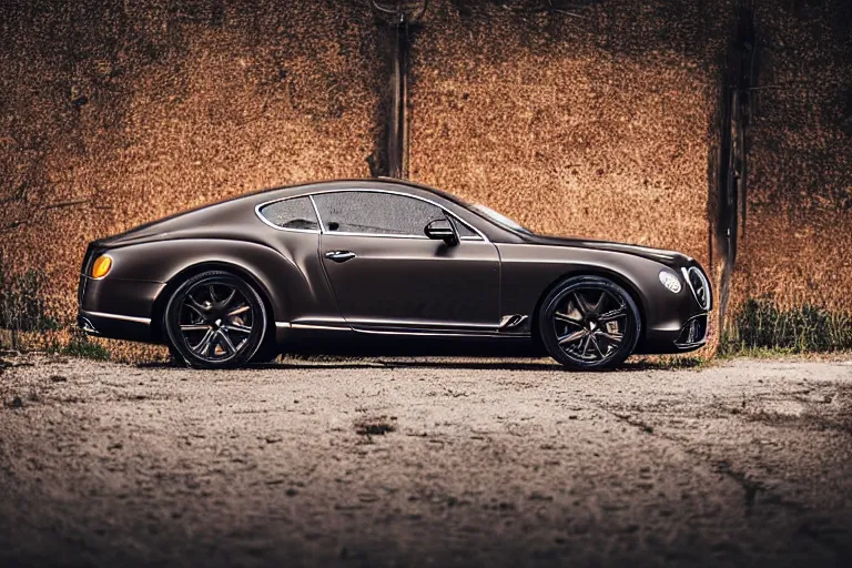 Prompt: modern rusty matte tired Bentley Continental GT without gloss no reflections drives along the road of an old Russian village with houses at the edges