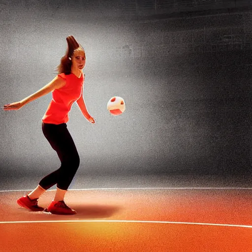 Prompt: one young woman playing handball in an arena, digital art, epic lighting