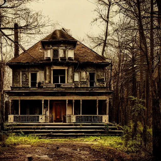 Image similar to abandoned luxury house, cinematic, filmic, photography, vignette, dark, 4 k, 8 k, ultra - hd, moody lighting, in the woods