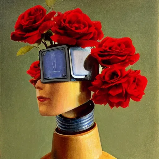 Image similar to a portrait of a robot wearing a hat full of roses, by Otto Eerelman