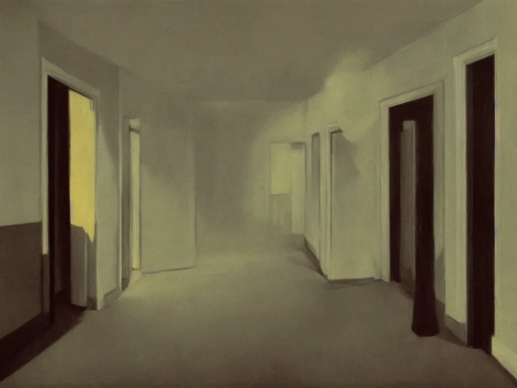 Image similar to the shinning hotel hallway, 70s, americana, dim, dark, lone scary silhouette in the distance, ultra view angle view, realistic detailed painting by edward hopper