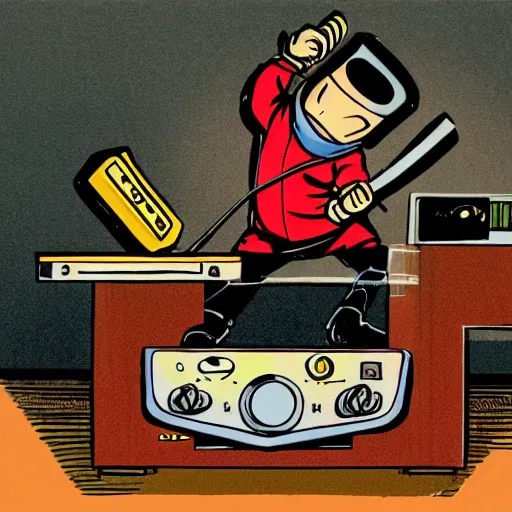 Image similar to 90s retro illustration of a ninja smashing up a mixing console in a studio