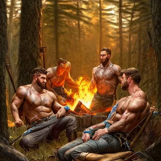 Image similar to Rugged male rangers relaxing by the fire, relaxed, D&D, muscular, after hunting, upper body, fantasy, intricate, elegant, highly detailed, digital painting, artstation, concept art, smooth, sharp focus, illustration, art by artgerm and greg rutkowski and alphonse mucha