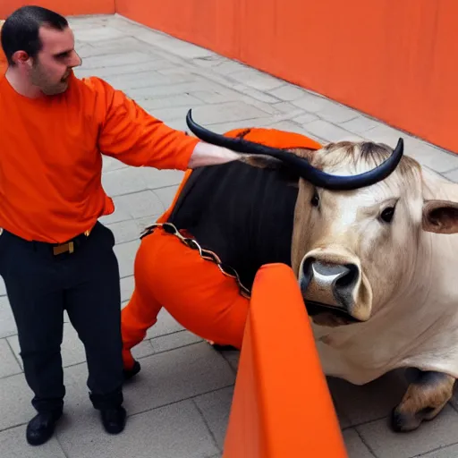 Image similar to bull wearing orange inmate clothes in a bullring with a torero