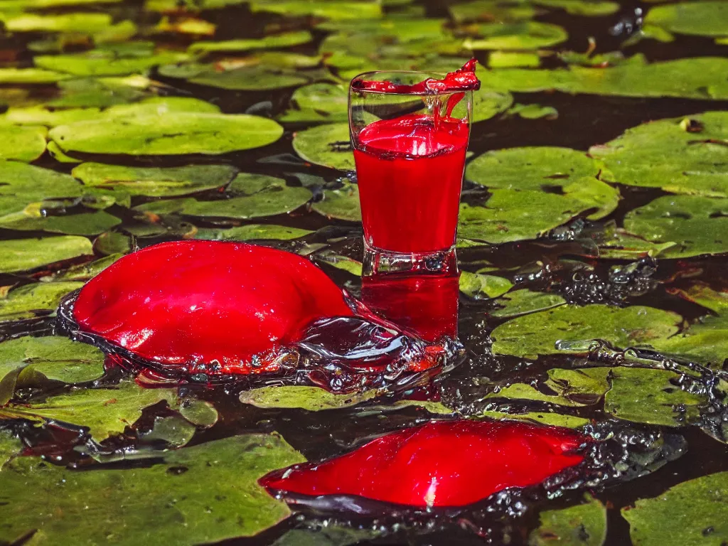 Prompt: red juice in a whiskey glass floating on a lily pad in a forest pond 35mm macro photography highly detailed surreal photorealistic award winning 8k