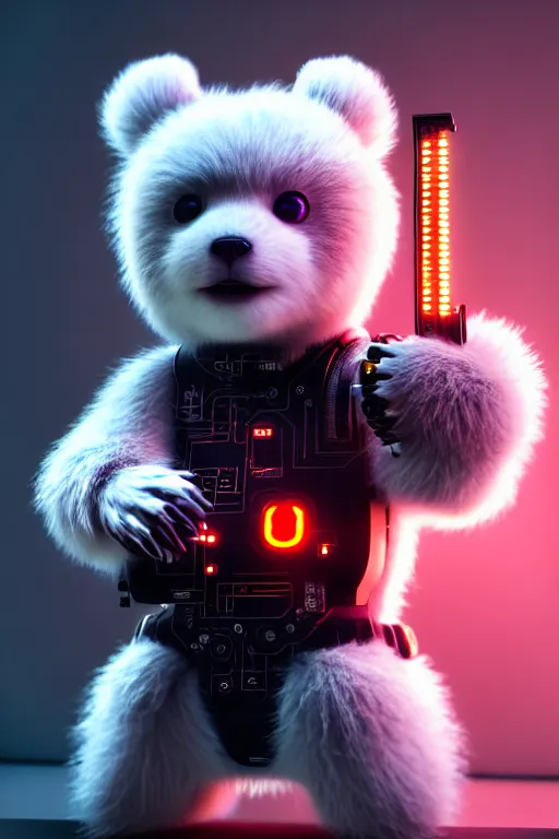 Prompt: high quality 3 d render very cute fluffy cyborg!! bear! plays electronic viola, cyberpunk highly detailed, unreal engine cinematic smooth, in the style of blade runner & detective pikachu, hannah yata charlie immer, moody light, low angle, uhd 8 k, sharp focus