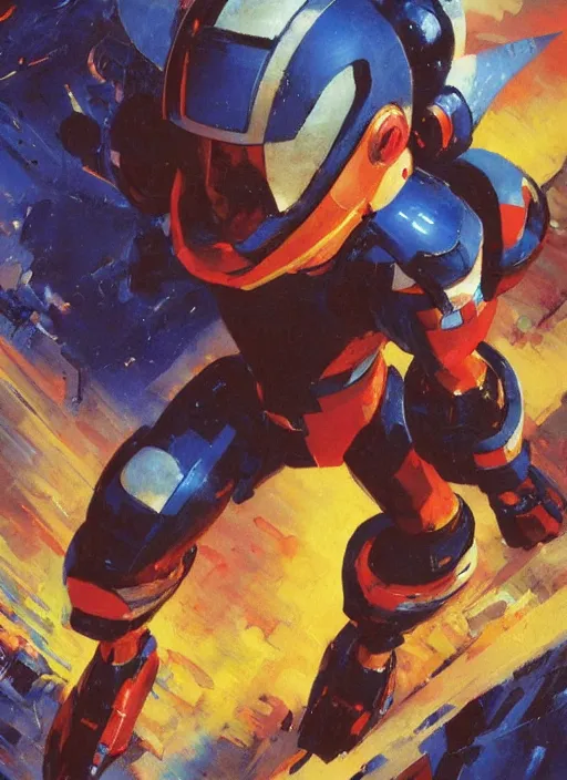 Prompt: Megaman X by John Berkey and Vincent Di Fate, rule of thirds, seductive look, beautiful, in intergalactic hq, ethereal lighting, smooth, masterpiece, Refined