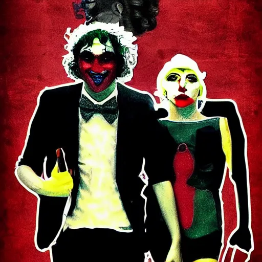 Image similar to mimmo rottela and banksy as joaquin phoenix skinny joker holding hand lady gaga harley queen, photorealistic, intricate details, pop art style, concept art, confident, love, random object movement, 3 colors, 4 k, 4 d, ultra smooth, sharp focus