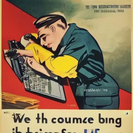 Image similar to a man sleeping at a computer is stung by a bumblebee, ww 2 allied propaganda poster, no text, highly detailed