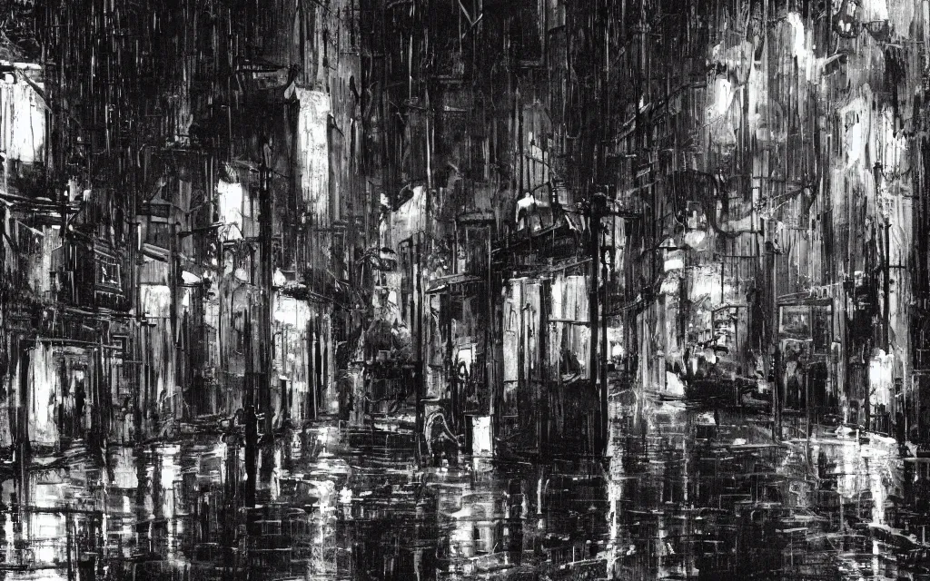 Image similar to concept art, dark wet london alley at night, by ashley wood, by roger deakins, in the style of syd mead atmospheric