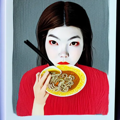 Image similar to beautiful japanese female model eating ramen soup portrait in the style of art anya taylor - joy