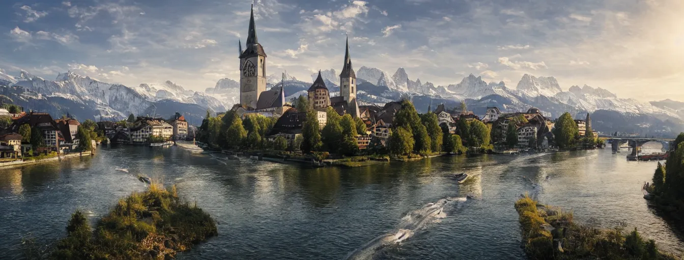 Prompt: Photo of Zurich, looking down the river at the lake and the alps, Hardturm, Grossmünster, wide angle, volumetric light, hyperdetailed, mountain water, artstation, cgsociety, 8k