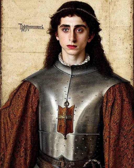 Image similar to timothee chalamet medieval portrait, armored priest, delicate detailed medieval portrait in the style of eugene de blaas, perfect face