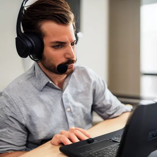 Image similar to the typical reddit moderator, using their computer while wearing a headset