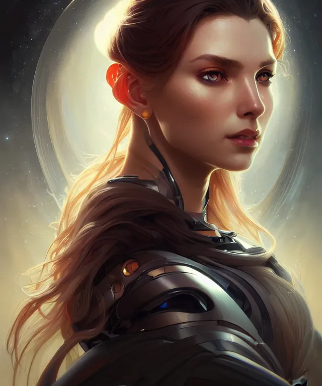 Image similar to futuristic young woman portrait, sci-fi, amber eyes, face, long hair, fantasy, intricate, elegant, highly detailed, digital painting, artstation, concept art, smooth, sharp focus, illustration, art by artgerm and greg rutkowski and alphonse mucha