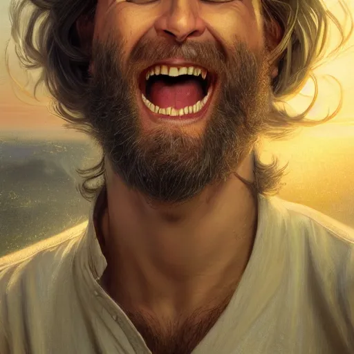 Image similar to an portrait of an male doctor laughing, beard, long hair, detailed, centered, digital painting, artstation, concept art, donato giancola, Joseph Christian Leyendecker, WLOP, Boris Vallejo, Breathtaking, 8k resolution, extremely detailed, beautiful, establishing shot, artistic, hyperrealistic, beautiful face, octane render, cinematic lighting, dramatic lighting, masterpiece