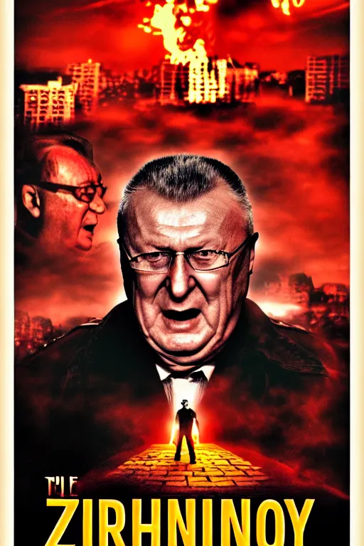 Image similar to movie poster, zhirinovsky in hell, scary poster in color, poster in 4 k