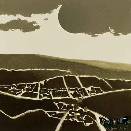 Prompt: dark solar eclipse, above a village, highly detailed, studio 4 k quality, by louise dahl - wolfe