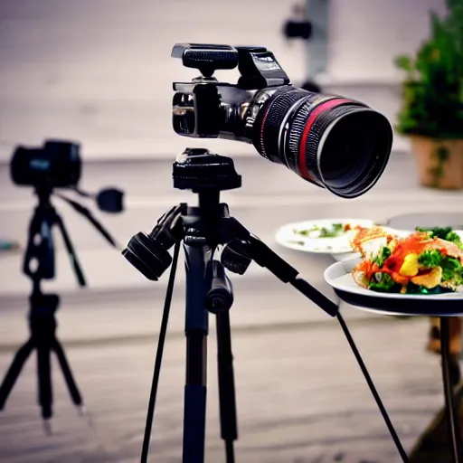 Image similar to “a high resolution picture of a camera on a tripod taking a picture of gourmet food”