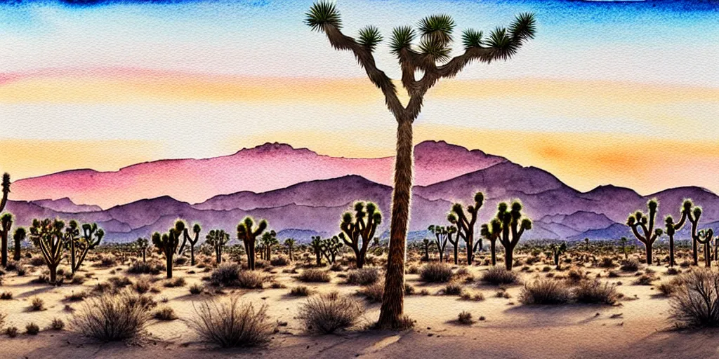 Image similar to hyper detailed Joshua tree desert watercolor painting, boho, mid century, modern, beige and Grey sunset, finely detailed, hd, 8k minimalism, edge to edge, 8k