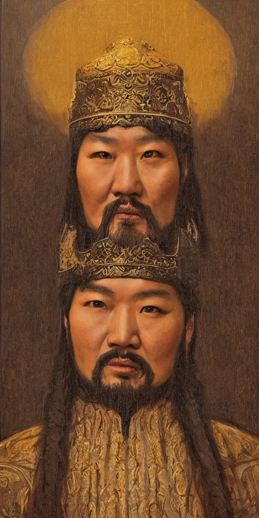 Image similar to a stunning and noble highly detailed romantic period style portrait of Genghis Khan\'s head by Josep Tapiró Baró, trending on artstation, oil painting masterpiece, symmetry, fractals, Mongolian iconography