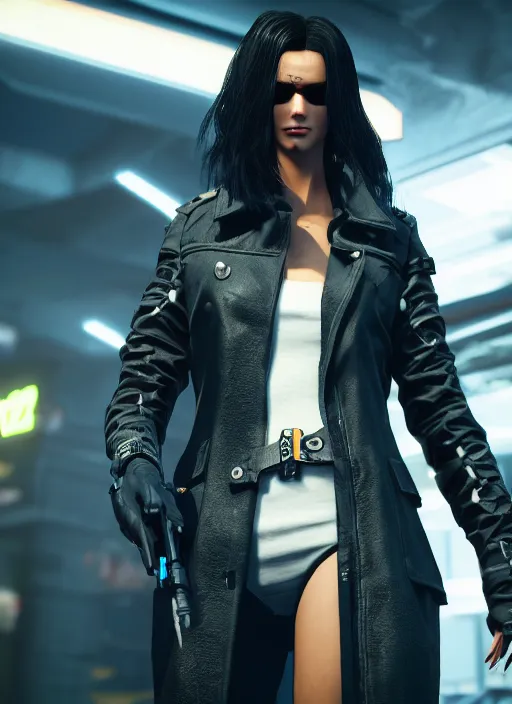 Image similar to black haired woman in a trench coat in a black cyberpunk 2 0 7 7, intricate, ultra detailed, face enhance, realistic