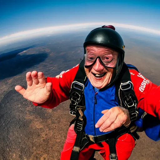 Image similar to elderly man skydiving over a volcano, smiling, happy, volcano, hot, eruption, magma, lava, canon eos r 3, f / 1. 4, iso 2 0 0, 1 / 1 6 0 s, 8 k, raw, unedited, symmetrical balance, wide angle