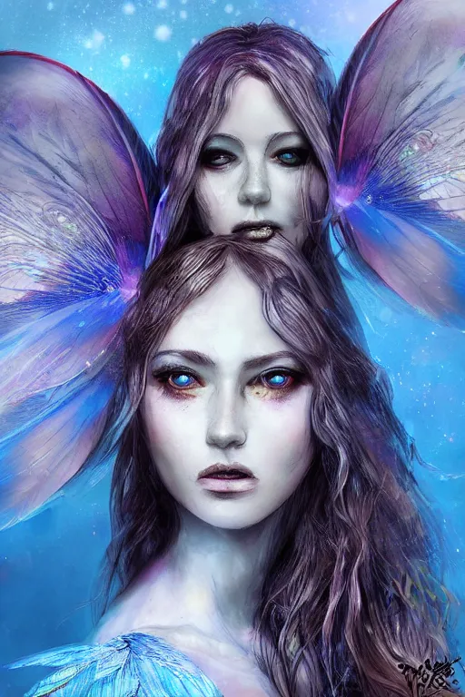 Prompt: wonderdream faeries lady feather wing digital art painting fantasy bloom snyder zack and swanland raymond and pennington bruce illustration character design concept atmospheric lighting butterfly median photoshop face filter