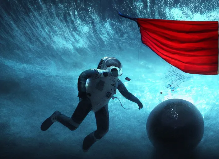 Image similar to astronaut underwater putting a flag on the sand in the bottom of the ocean. in the background, a spherical submarine is visible. dark, concept art, cinematic, dramatic, atmospheric, 8 k, trending on artstation, zack snyder