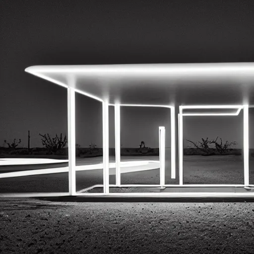 Image similar to bus stop in a desert at night, minimalist architecture, neon lights, james turrel,