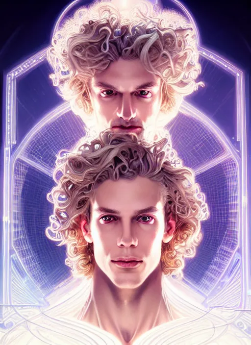 Image similar to symmetry portrait of a pale blond androgynous prince with very curly long blond curly hair, sci - fi, tech wear, glowing lights intricate, elegant, highly detailed, digital painting, artstation, concept art, smooth, sharp focus, illustration, art by artgerm and greg rutkowski and alphonse mucha