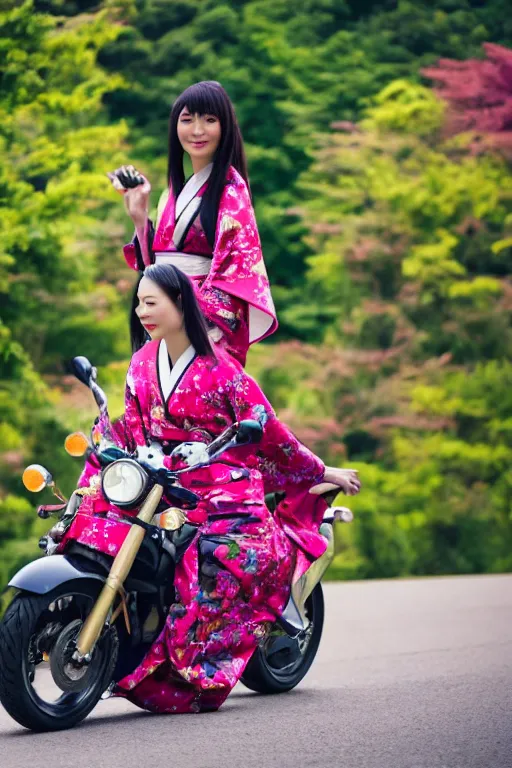 Prompt: full - length photo, young woman, riding a motorcycle, wearing japanese kimono, high heels, 4 k, colourful