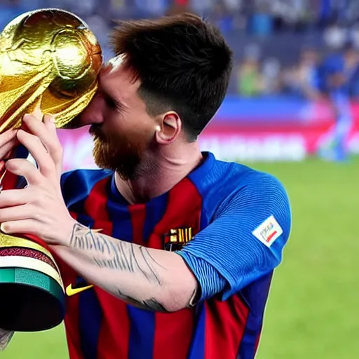 Image similar to messi kissing the soccer world cup trophy