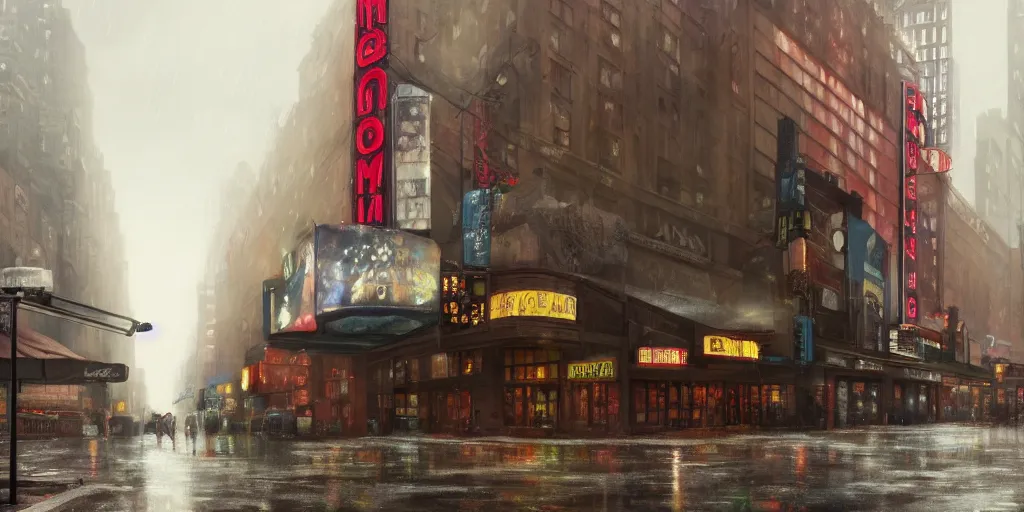 Prompt: an old cinema, new york, rainy day, matte painting, studio ghibli, artstation