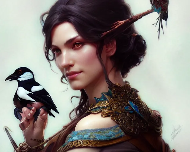 Image similar to magpie trinket, deep focus, d & d, fantasy, intricate, elegant, highly detailed, digital painting, artstation, concept art, matte, sharp focus, illustration, hearthstone, art by artgerm and greg rutkowski and alphonse mucha