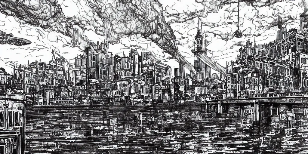 Prompt: pen and ink illustration, city held up on giant platform, buildings on top of tall structure, over the ocean, tall arches, fading off to the horizon, steam punk, artstation