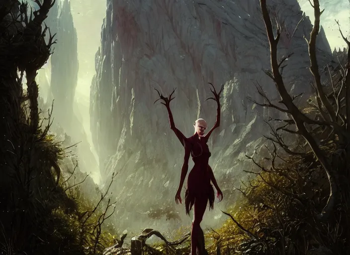 Image similar to highly detailed portrait of eva green as a bald tribal elf, in skyrim, stephen bliss, unreal engine, fantasy art by greg rutkowski, loish, rhads, ferdinand knab, makoto shinkai and lois van baarle, ilya kuvshinov, rossdraws, tom bagshaw, global illumination, radiant light, detailed and intricate environment