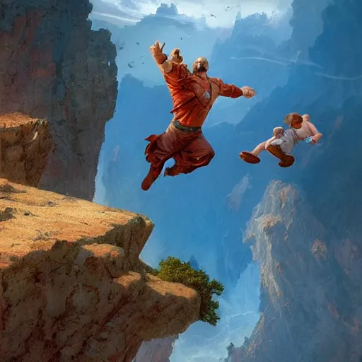 Image similar to a flying man catching a child that is falling from a cliff. photorealistic. realism. 4 k wideshot. cinematic. unreal engine. masterpiece. rule of thirds. beautiful. marc simonetti. jc leyendecker