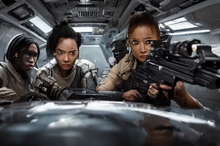 Image similar to movie diverse interracial team of Japanese sci-fi futuristic robbers armed with rifles interior clean futuristic tactical van, cyberpunk city, beautiful skin, Symmetrical faces. natural lighting by Emmanuel Lubezki